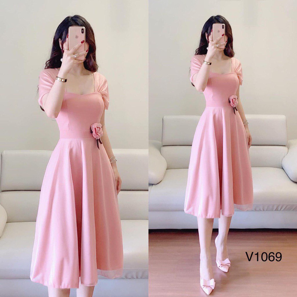 [ xả kho ] MiD Đầm hồng tay voan trễ vai V1069 Mie Design ảnh thật