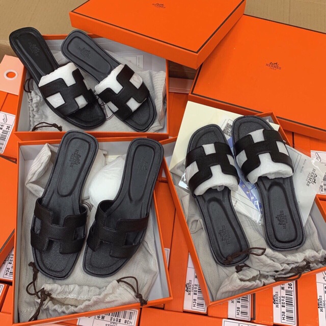 Dép HM cao cấp có hộp túi giầy da sần đen nâu rêu