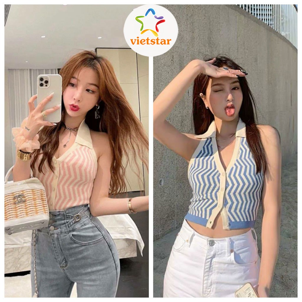 Áo yếm hở lưng cổ V kẻ sọc VIETSTAR áo ba lỗ croptop cổ bẻ cài cúc dáng ôm thời trang nữ