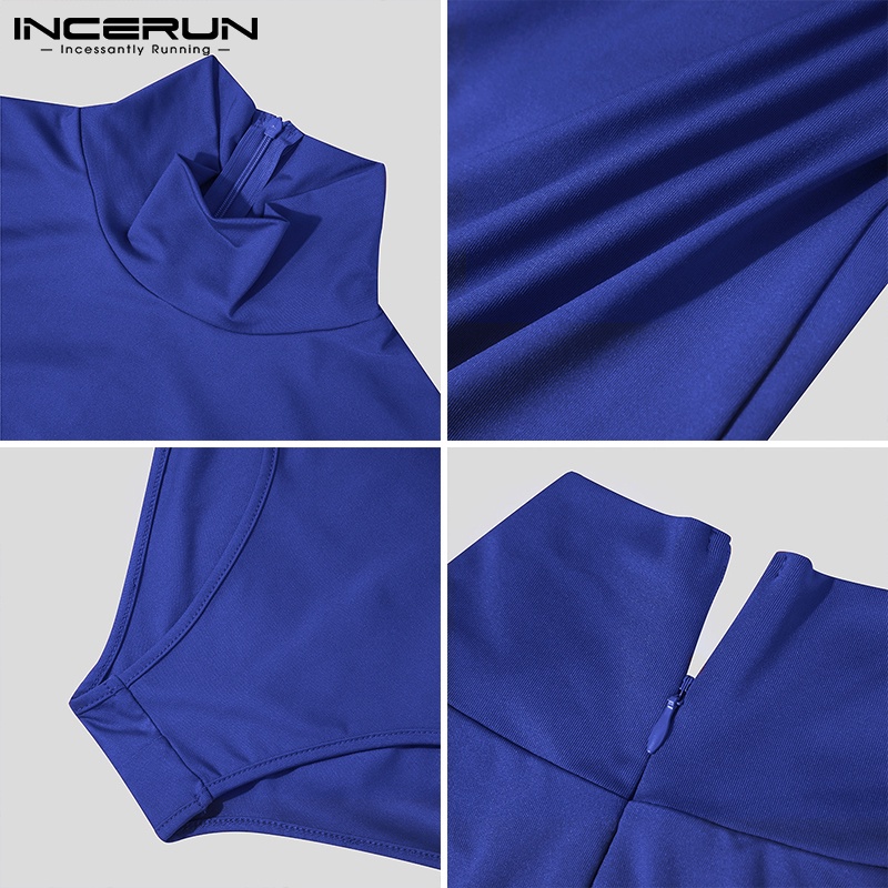 Áo liền quần INCERUN tay dài cổ lọ màu trơn có dây kéo phía sau co giãn thoải mái thời trang cho nam