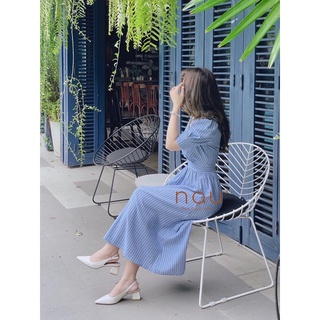 Đầm xanh sọc cổ V phối sơ mi bo eo