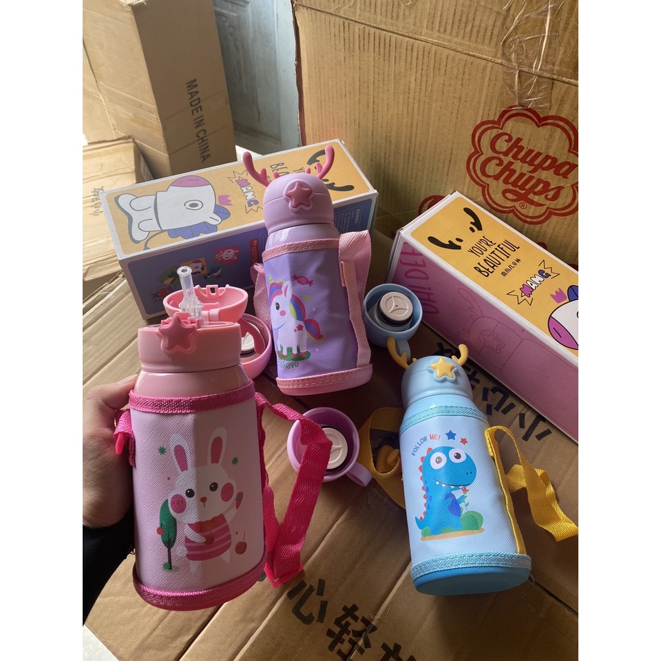 Bình nước 500ml 2 in 1 giữ nhiệt cho bé đi học, Tặng kèm túi xách