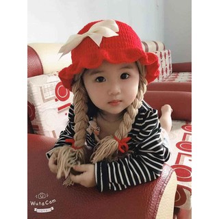 Nón len tông đỏ có 2 bím tóc cho bé gái - Dương liễu handmade