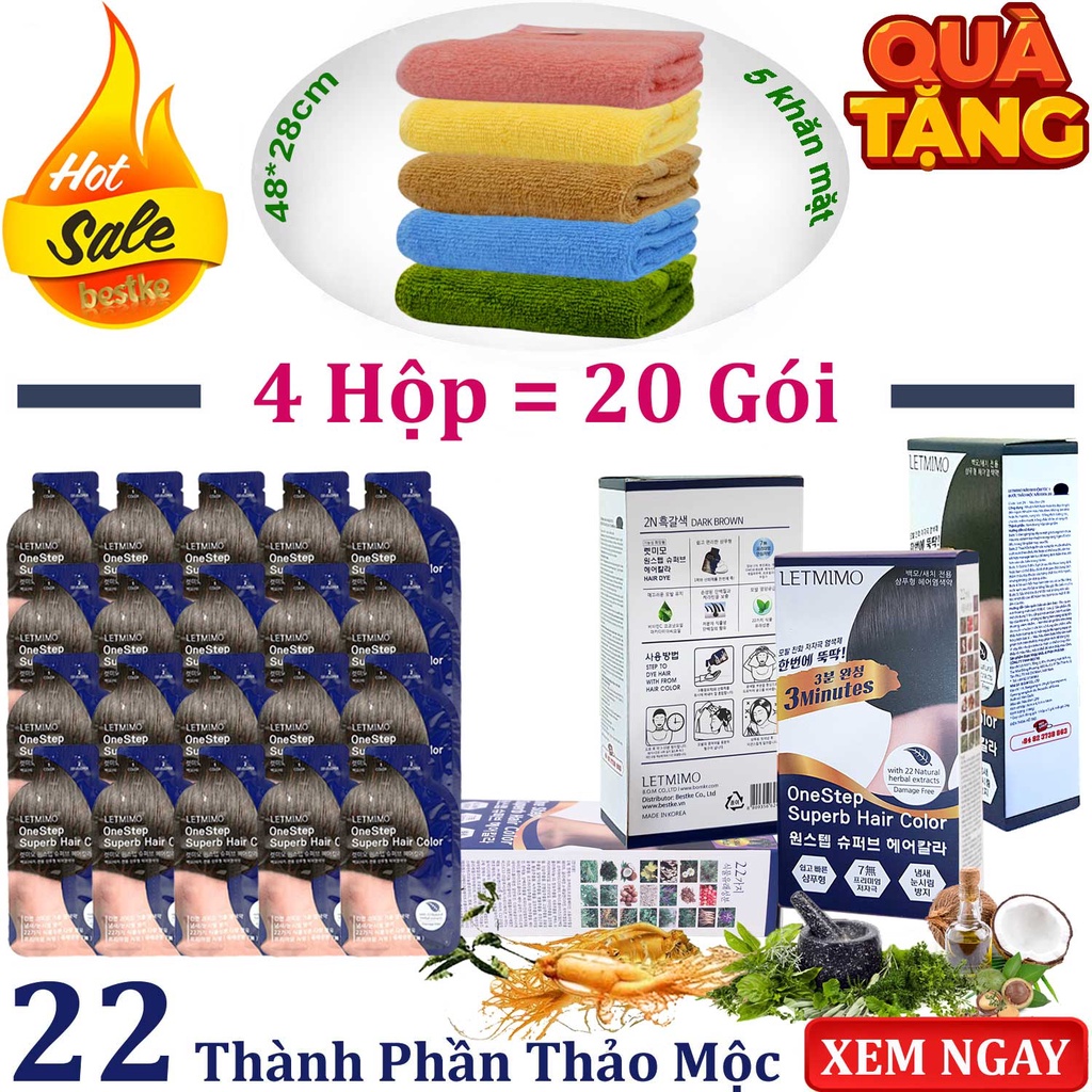 Bộ 4 Hộp = 20 gói màu phủ bạc Nâu Đen_2N thảo mộc LETMIMO + QUÀ TẶNG 5 khăn mặt bestke cotton 48*28cm