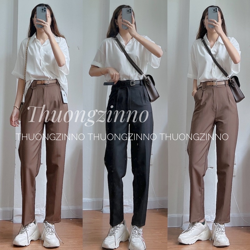 [Ảnh thật/Video] Quần baggy chất trượt thái mịn Quần âu vải baggy nữ form vừa mặc mát tặng kèm đai siêu hách dáng