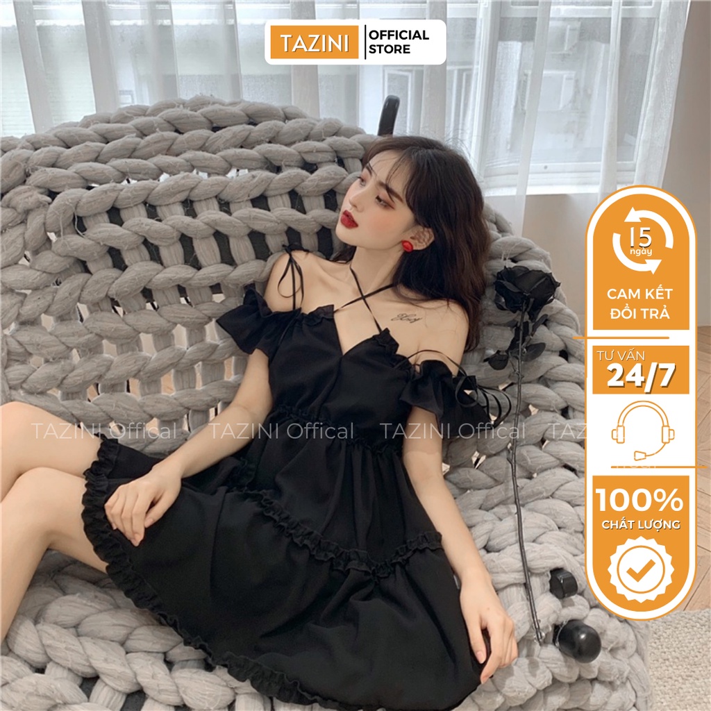 Váy đen đan dây buộc cổ, đầm Ulzzang nữ có size cho người bigsize, chất mềm mịn không nhăn TAZINI - Mã 122