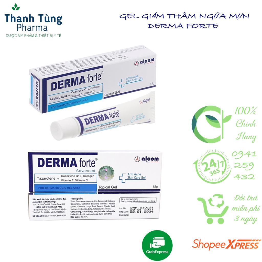 Derma Forte Gel 15g - Hỗ trợ Giảm Mụn Trứng Cá, Mụn Ẩn, Mờ Thâm Mụn, Mờ Sẹo, Dưỡng Da (Tuýp 15g) [Chính Hãng]