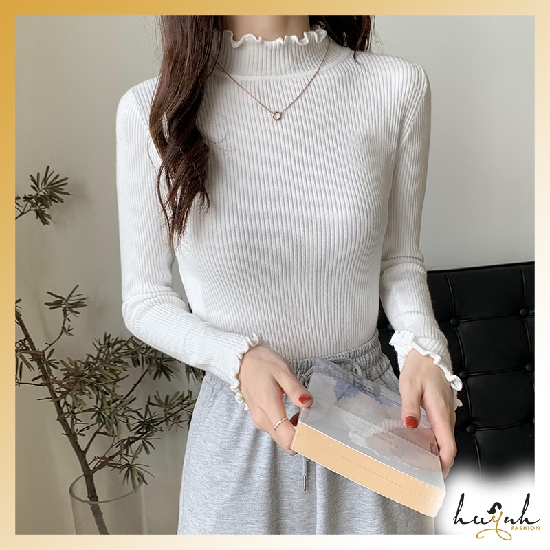 Áo len tăm cổ bèo dáng ôm, áo len body tôn dáng tay dài freesize - LEN04
