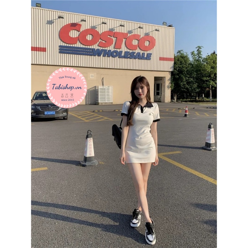 Váy polo nữ phối cổ TABISHOP váy body tay ngắn thêu chữ DK vải thun co giãn thoải mái