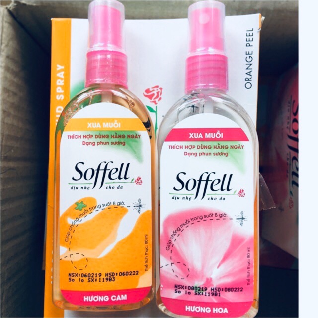 Soffell xịt 30ml và 80ml (xịt chống muỗi trong 8 giờ)(hương hoa và hương cam) (không dùng cho trẻ dưới 4 tuổi)