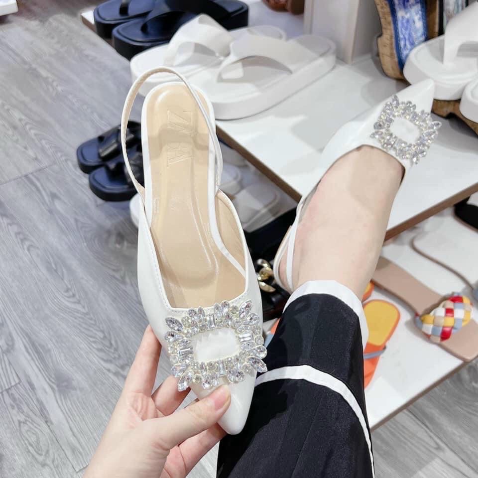 Sandal Giày cao gót mũi hoa đá vuông gót nhọn 5 phân và bệt quai thun sau