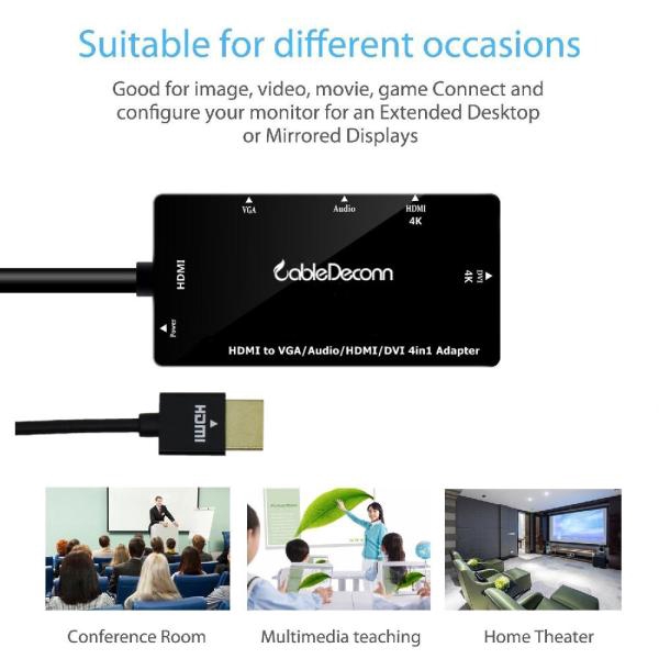 Cabledeconn 4 in1 HDMI Splitter HDMI to VGA DVI Audio Video Cable Multiport Adapter Converter