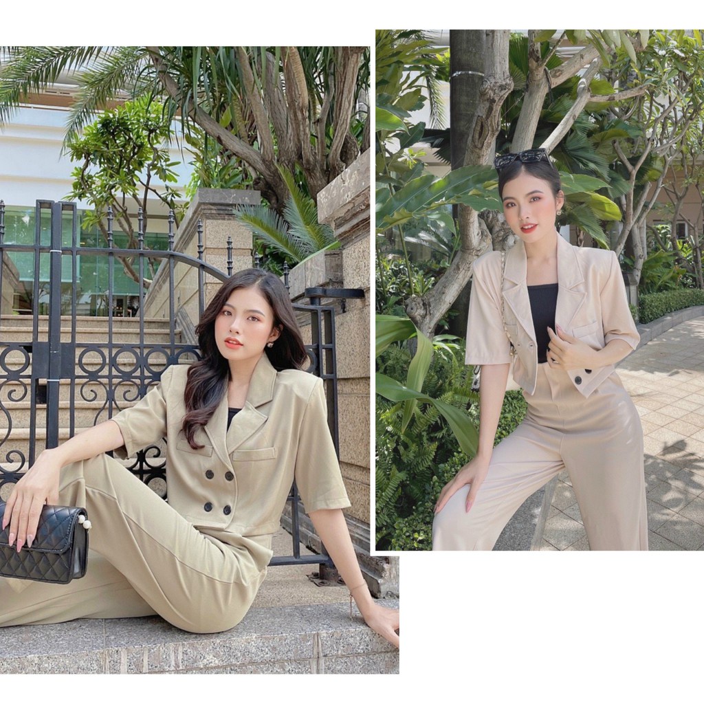 ẢNH THẬT - Set bộ 3 áo vest croptop 4 nút ngắn tay nâu tây/ be + áo 2 dây thun đen + quần suông ống rộng công sở nữ LL -