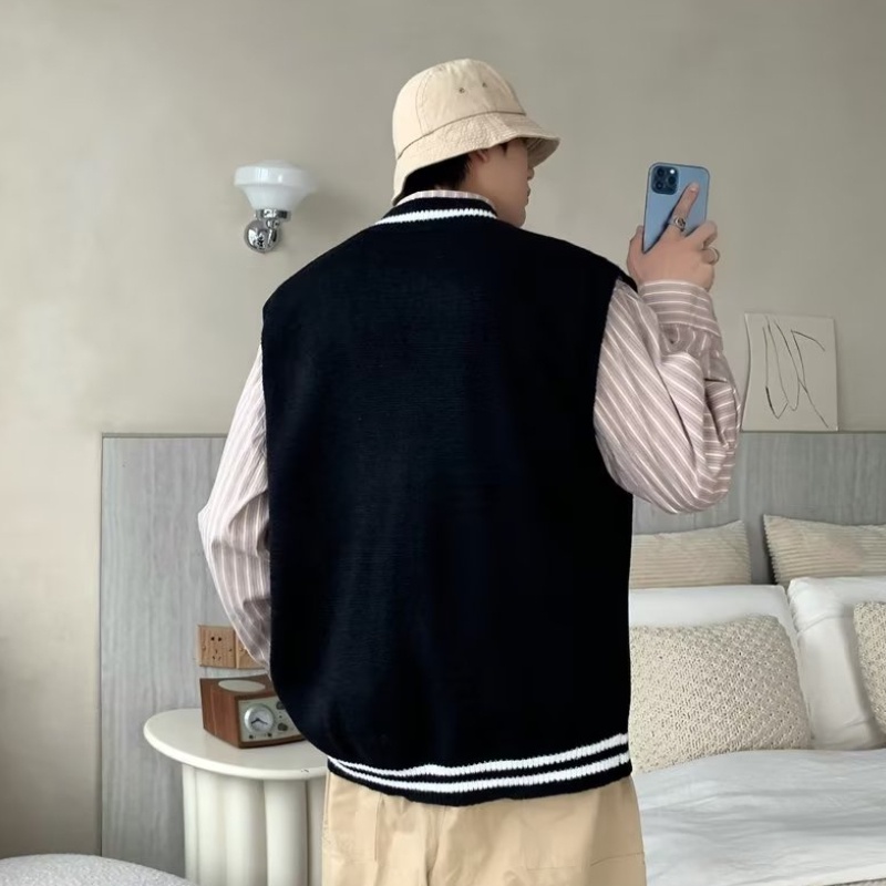 Áo Sweater Không Tay Dáng Rộng Cổ Chữ V Phong Cách Retro Hàn Quốc Dành Cho Nam Giới M-2XL