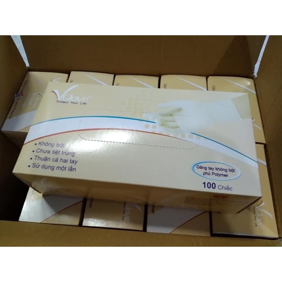 Găng Tay Y Tế Không Bột Phủ Polime Vglove Khải Hoàn Co Dãn Tốt - Hộp Màu Vàng 100 Chiếc=50 đôi Size S/ M/ L