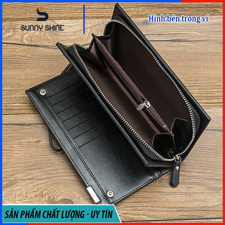 Ví cầm tay dài Baellerry nữ, nam da PU phối da bò dáng đứng cao cấp đen, nâu, dự tiệc sang trọng vừa điện thoại V102 | BigBuy360 - bigbuy360.vn