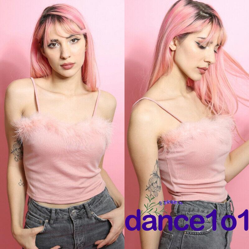 Áo Lửng Hai Dây Phối Lông Xù Phong Cách Quyến Rũ Dành Cho Nữ