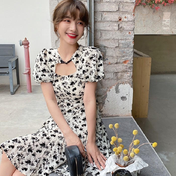 Đầm Chữ A Tay Phồng Họa Tiết Hoa Phong Cách Retro Pháp Hàng Mới