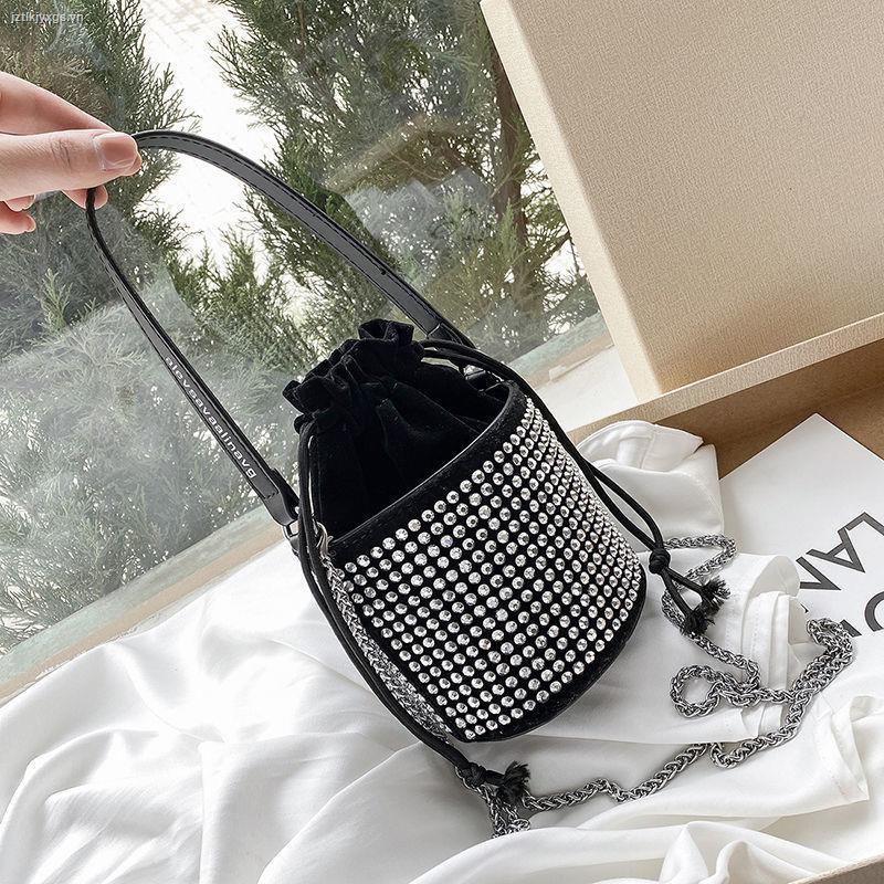 ◘Genuine bag 2021 new trendy high-end diamond-studded western style wild drawstring bucket chain one-shoulder armpit