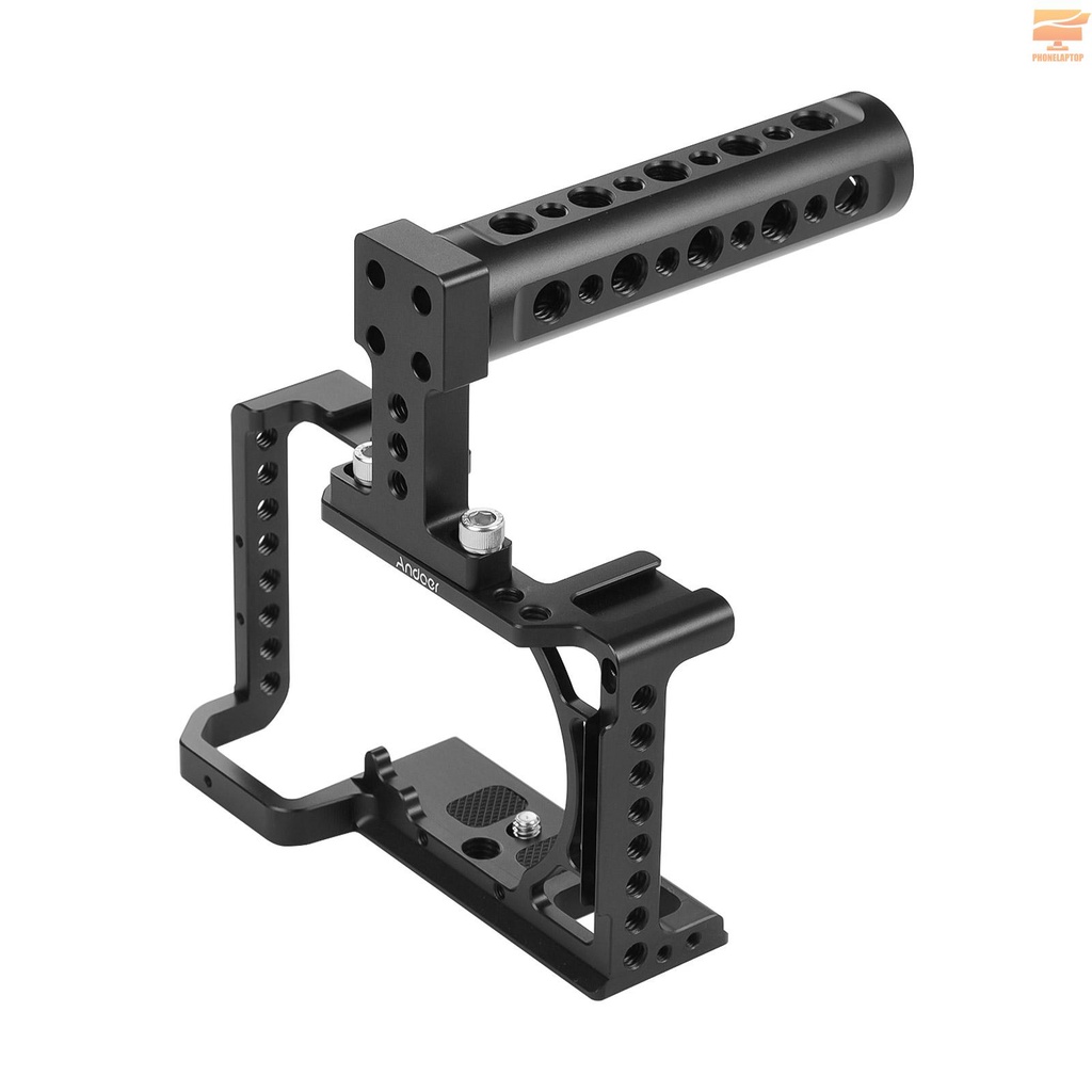 Andoer Professional Photography Camera Cage Kit Aluminum Alloy Camera Case Bracket with 1/4" 3/8" Extension Thread Holes Cold Shoe Mount Metal Handle Mini Wrench Compatible with Sony A6600,A6500,A6400,A6300,A6000