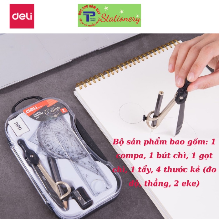 Bộ compa eke học sinh Deli màu đen, gồm 8 dụng cụ/1 bộ - EG30404