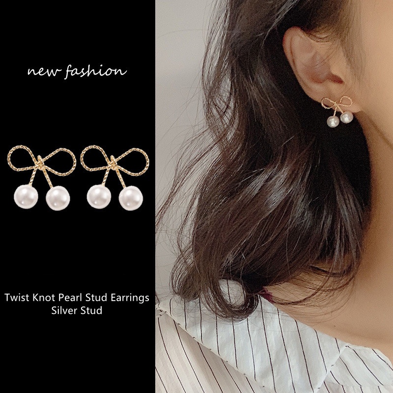 Bông Tai Mạ Bạc 925 Hình Nơ Đính Ngọc Trai Dễ Thương Phong Cách Hàn Quốc