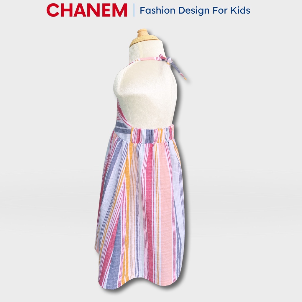 Váy thiết kế cho bé gái cổ yếm kẻ sọc chất liệu Linen cao cấp cho bé từ 1 - 10 tuổi, Đầm cho bé CHANEM