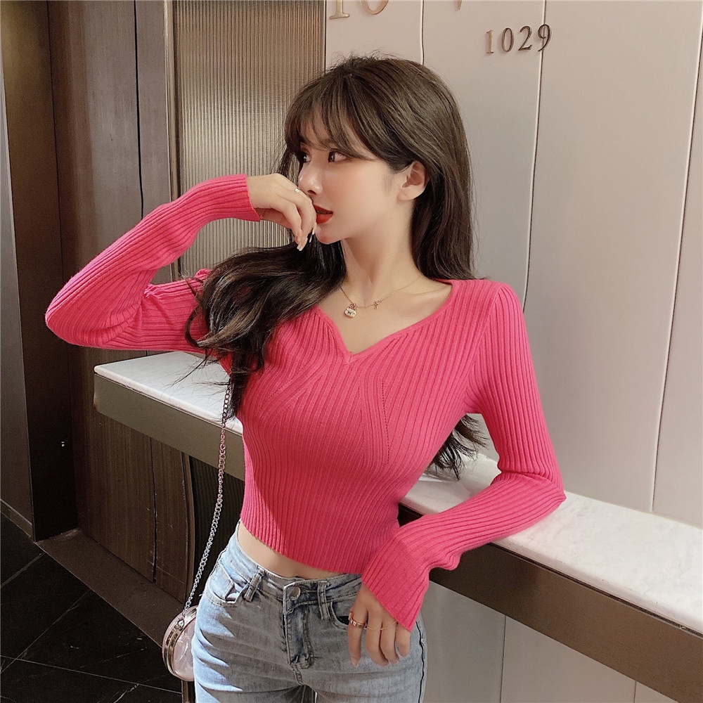 Áo dệt kim tay dài cổ chữ V thời trang xinh xắn nhiều màu tùy chọn cho nữ