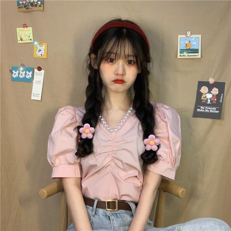 Áo sơ mi COZOKC tay ngắn cổ đính ngọc trai giả phong cách Hàn Quốc thời trang