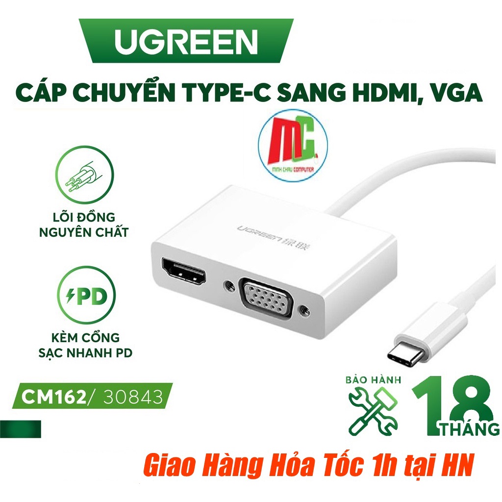 Cáp chuyển USB type C to HDMI và VGA full HD 3D 4Kx2K Ugreen 30843 - Hàng Chính Hãng