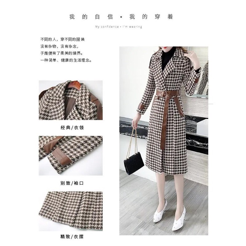 Áo khoác dạ phối viền da cao cấp thời trang thu đông quảng châu