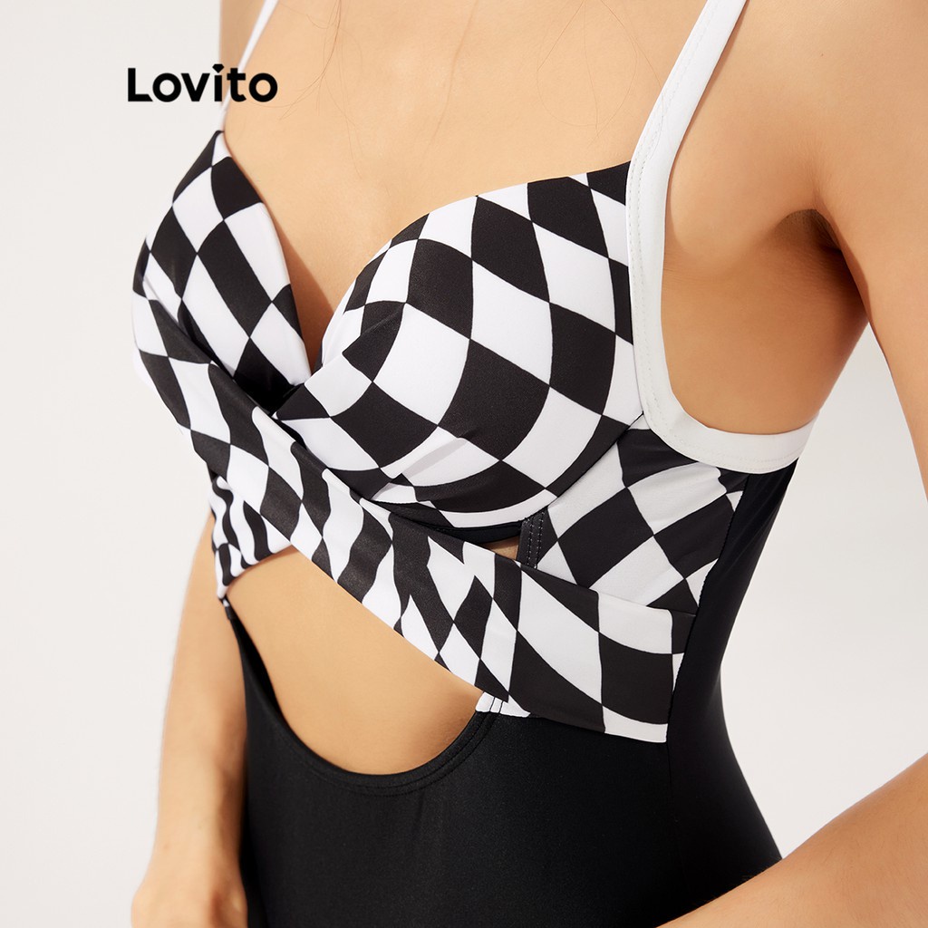 Bộ đồ bơi liền thân Lovito thiết kế cắt xẻ họa tiết bàn cờ thanh lịch L23AD085 (Nhiều màu sắc)