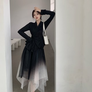 Set áo thun đen vạt chéo phối váy lưới loang màu cá tính (có hình thật)