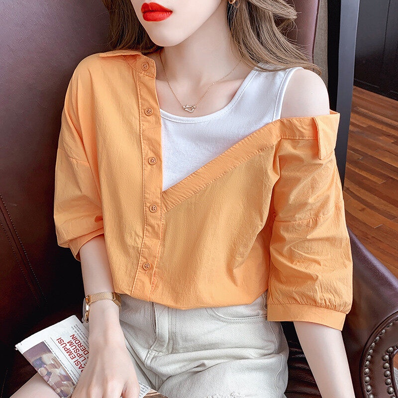 Áo Sơ Mi Cotton Tay Ngắn Hở Vai Thời Trang Dành Cho Nữ