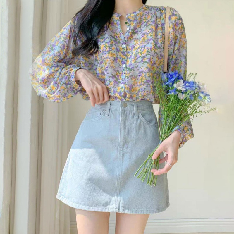 Áo Blouse Nữ Tay Dài Cổ Chữ O Dáng Suông Màu Trơn Thời Trang Mùa Hè