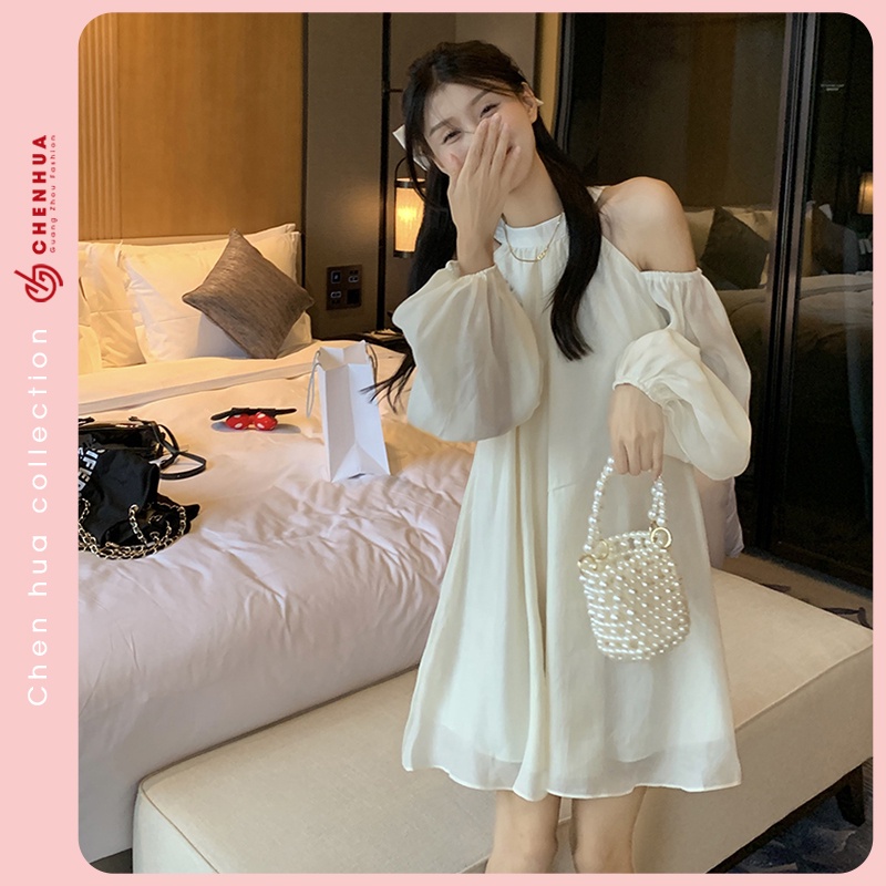 Váy hở vai dài tay ChenHua đầm ngắn xòe đi chơi style hàn quốc đẹp VT163