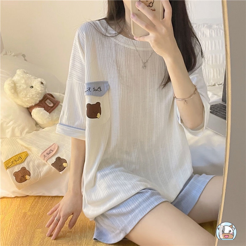 Bộ Đồ Ngủ Tay Ngắn In Họa Tiết Chú Gấu Dễ Thương Phong Cách Nhật Bản Thời Trang Mùa Hè Cho Nữ