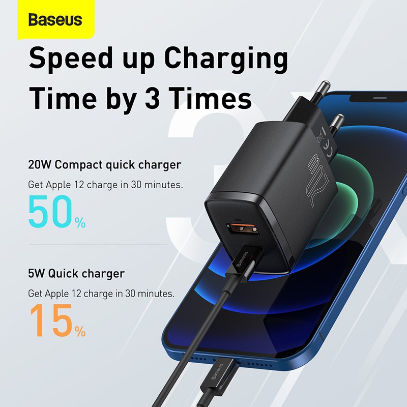 Bộ sạc Baseus 2 cổng loại C/PD + USB 20W hỗ trợ sạc nhanh cho IP táo 12- 20w PD QC