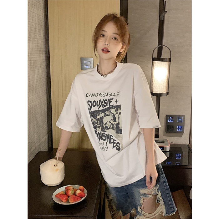 Áo Thun cotton Tay Ngắn Cổ Tròn Dáng Rộng Thời Trang Hàn Quốc Dành Cho Nữ