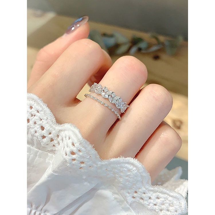 Nhẫn Hở Hình Chiếc Lá Hai Lớp Màu Bạc Đính Đá Zircon Phong Cách Hàn Quốc
