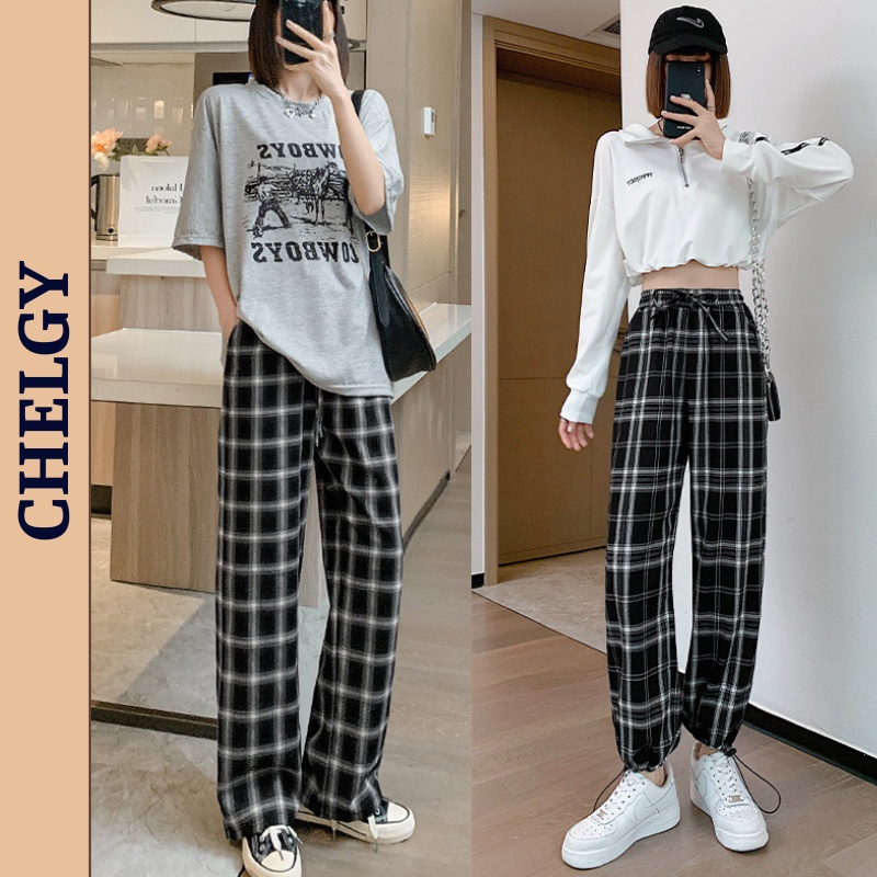 Quần ống rộng nữ Chelgy vải kẻ sọc Caro cạp CHUN đen trắng cạp cao, quần jogger có dây rút CG-VRCR403
