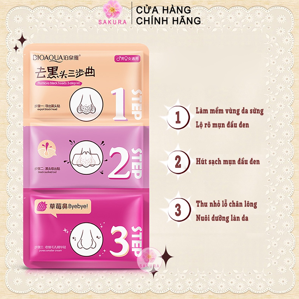 Mặt nạ lột mụn đầu đen BIOAQUA Sét 3 bước lột mụn mũi hiệu quả SAKURA 21g