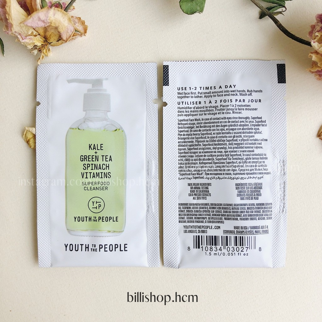Sample 1.5ML -Sữa Rửa Mặt YOUTH TO THE PEOPLE Kale + Green Tea Spinach Vitamins Superfood Cleanser