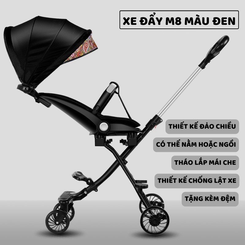 Xe đẩy gấp gọn đi dạo 2 chiều ghế ngả có đệm + mái full phụ kiện M8