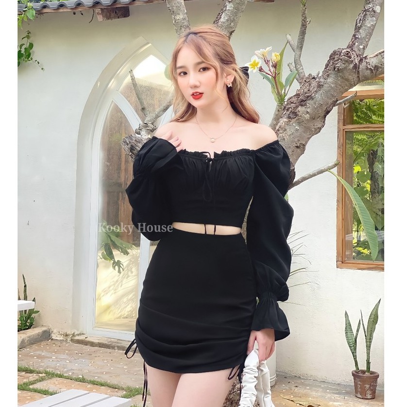 KOOKY HOUSE - ÁO JUHI ĐEN - Áo Croptop tay dài thiết kế nhún ngực thời trang và cao cấp