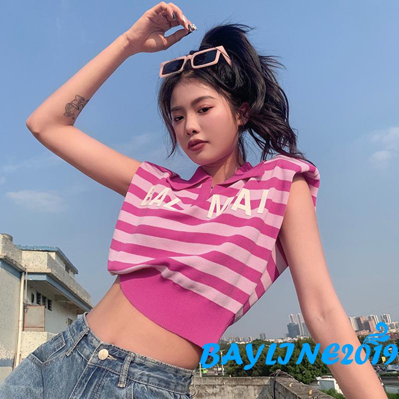Áo Thun Dệt Kim Họa Tiết Sọc Ngang Màu Sắc Tương Phản Có Cổ Tay Áo In Chữ Cho Nữ
