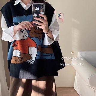 Áo gile len vintage họa tiết hoạt hình thanh lịch cá tính