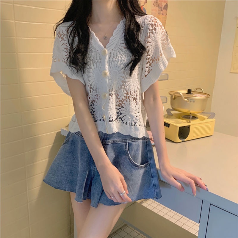 Áo Khoác Cardigan Tay Ngắn Màu Trơn Phối Ren Thời Trang Cho Nữ