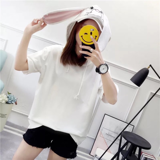 (order-k có sẵn) ảnh thật ở cuối: Áo hoodie cộc tay tai thỏ