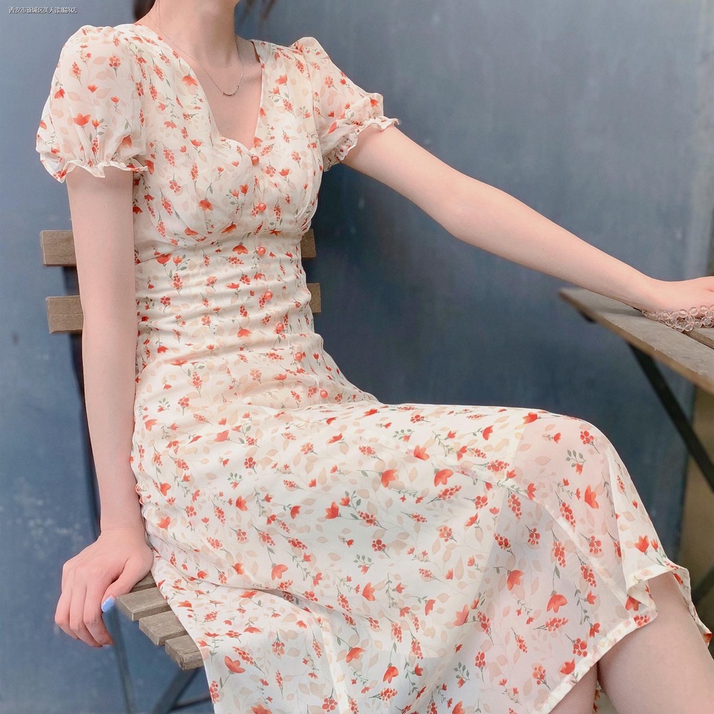 ❉♛№Đầm Tay Ngắn Cổ Chữ v Họa Tiết Hoa Xinh Xắn Cho Nữ | BigBuy360 - bigbuy360.vn